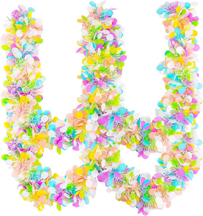 GlyinnHe 33Ft Easter Tinsel Garland with Confetti Colorful Metallic Tinsel Twist Garland Spring Hanging Garland Decoration for Easter Holiay Door Tree Mantel Party Supplies