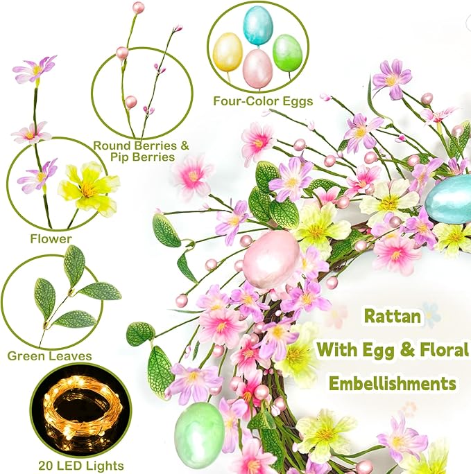 Timer - 20 Inch Easter Wreaths for Front Door Easter Decorations, Easter Wreath with 20 LED Lights Colorful Eggs Flowers Leaves Berried Spring Wreath Decor for Home Holiday Farmhouse Indoor Outdoor