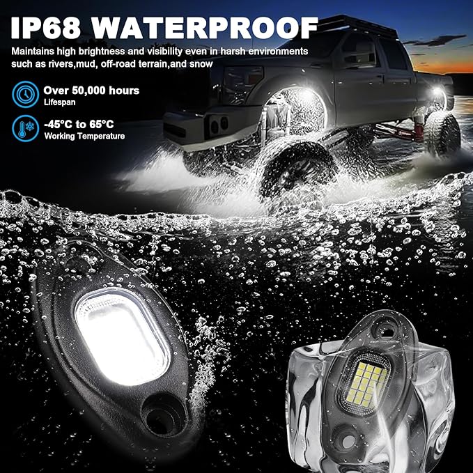 White Rock Lights with 15FT Wire Extender, Aluminum Case, 24Chip High Power 6000k Pure White, Waterproof IP68 Underglow Lights for Trucks Jeep UTV ATV (4 PCS)