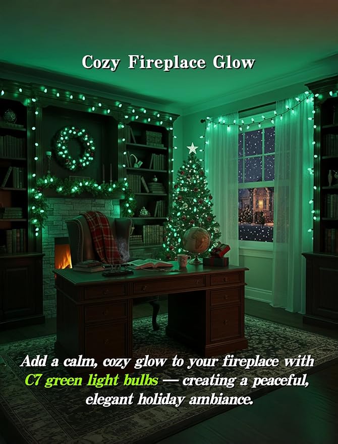 25 Pack C7 Green Christmas Replacement Bulbs C7 5W Green Vintage Ceramic Light Bulbs for Christmas Night Light Candle Lamp St. Patrick's Day Decor,E12 Candelabra Base