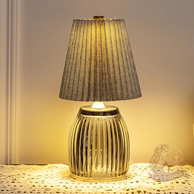 MJ PREMIER Small Battery Operated Lamp Cordless Lamp with Timer Pleated Lamps for Shelf Decor 8.7 inch High Battery Powered Lamps Emergency Light with Glass Base for Bathroom Livingroom Grey