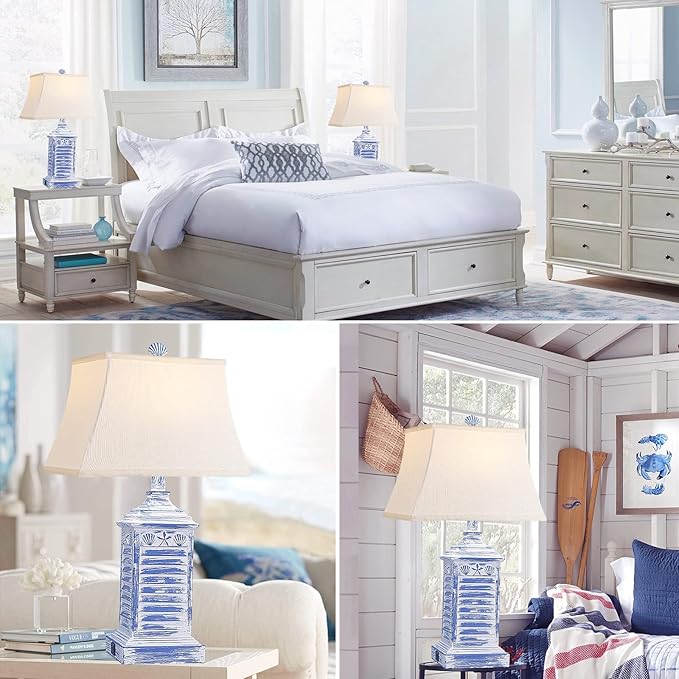 Coastal Table Lamps for Bedrooms Set of 2 Farmhouse Bedside Lamp for Living Room Modern 3-Color Temperature Blue Washed Nightstand End Tables Lamp with USB Ports and AC Outlet (Bulbs Included)