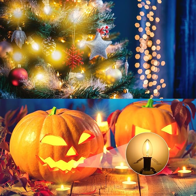 Leelosp 2 Pack Christmas Village Light Cords with 24 C7 LED Bulbs and Outlet, Each 16.4 ft Blow Mold Light Cords for Christmas Village Accessories Holiday Tree Decor and Craft Projects