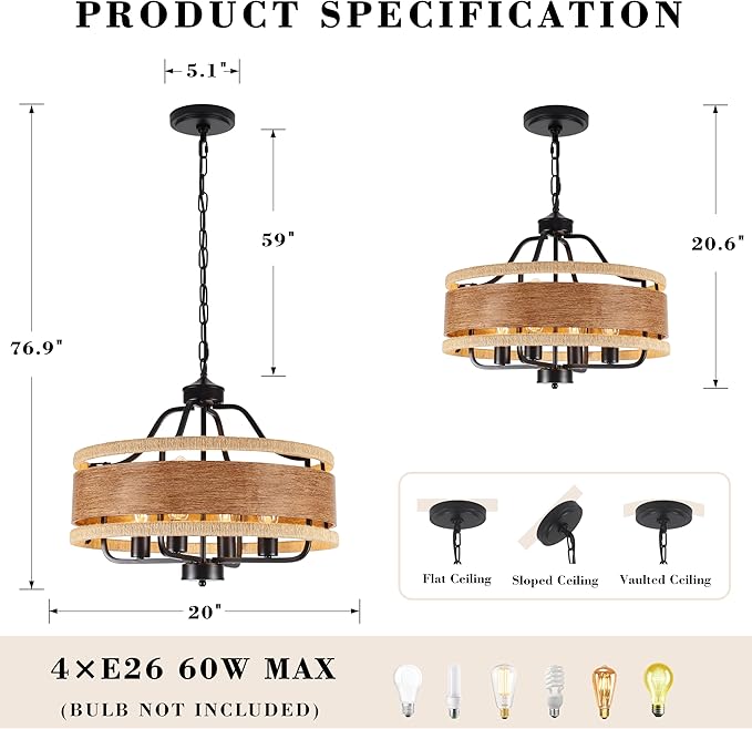 4-Light Farmhouse Boho Chandelier, 20" Wood Texture Woven Rattan Pendant Light, Adjustable Rustic Ceiling Fixture for Dining Room, Kitchen Island, Bedroom, Hallway, Office
