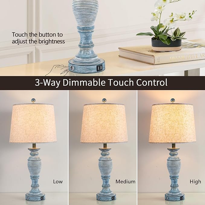 27.7" Table Lamps for Living Room Set of 2, 3 Way Dimmable Touch Lamps for Bedrooms with Dual USB Ports, Farmhouse Lamps for Nightstand,2 Bulbs Included