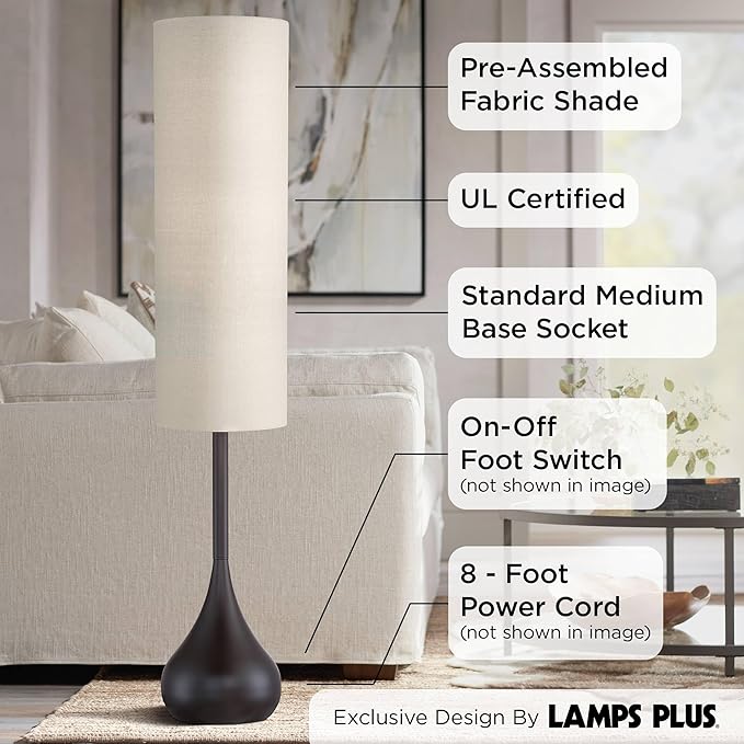 Possini Euro Design Mid Century Modern Retro Floor Lamp Standing 62" Tall Dark Bronze Metal Droplet Off-White Cotton Cylinder Shade Decor for Living Room Reading House Bedroom Home