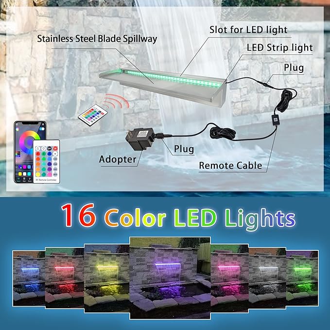 24 Inch APP 304 Stainless Steel Pond Fountains with 16 Color LED Lights, Outdoor Water Patio Waterfall Spillway Kit for Garden Patio, Swimming Pool, Koi Ponds Decoration
