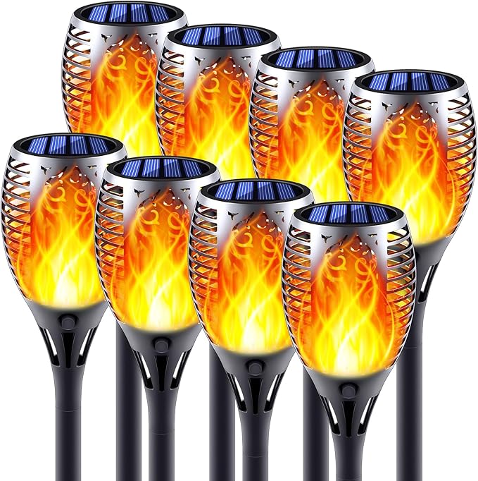 Solar Torch Lights with Flickering Flame, Fire Effect Garden Light, Auto On/Off Dust to Dawn, Outdoor Waterproof Landscape Decoration, Powered Security Light for Patio, 8 Pack