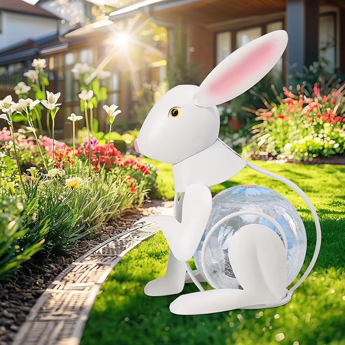 MUMTOP Metal White Rabbit Solar Lights Decorative, Bunny Easter Decorations Cracked Glass Light Tabletop Lantern, Spring Decor Solar Lanterns Outdoor Waterproof for Yard Patio Garden Easter Gift
