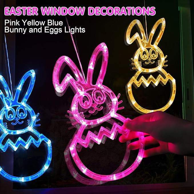 [Timer] Easter Bunny Eggs Window Lights 3 Pack, Blue Pink Yellow Easter Lights Battery Operated with Suction Cup Hook, Hanging Cute Easter Window Decorations for Indoor Home Farmhouse Decor