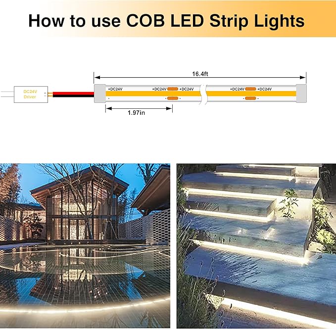 COB LED Strip Lights,Natural White 4000K,DC24V IP67 Waterproof LED Strip,480LEDs/M,16.4ft/5M,8MM Wide,CRI90+,Outdoor cob led Strip for Bathroom Decor,Pool,Garden (Power Not Include)