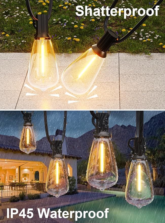 GPATIO 200FT(100FT*2Pack) Outdoor String Lights, Waterproof Patio Lights with 104 Dimmable Hanging Lights Globe ST38 Bulbs, 2700k Shatterproof for Backyard Gazebo Porch Garden Outside Decor