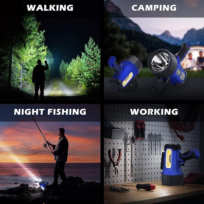 FORTO Rechargeable Spotlight Flashlight, 200000 Lumens Handheld Spotlight with Foldable Stand, 6 Modes IPX7 Waterproof LED Spot Lights for Boating Hunting Camping Hiking (Blue)