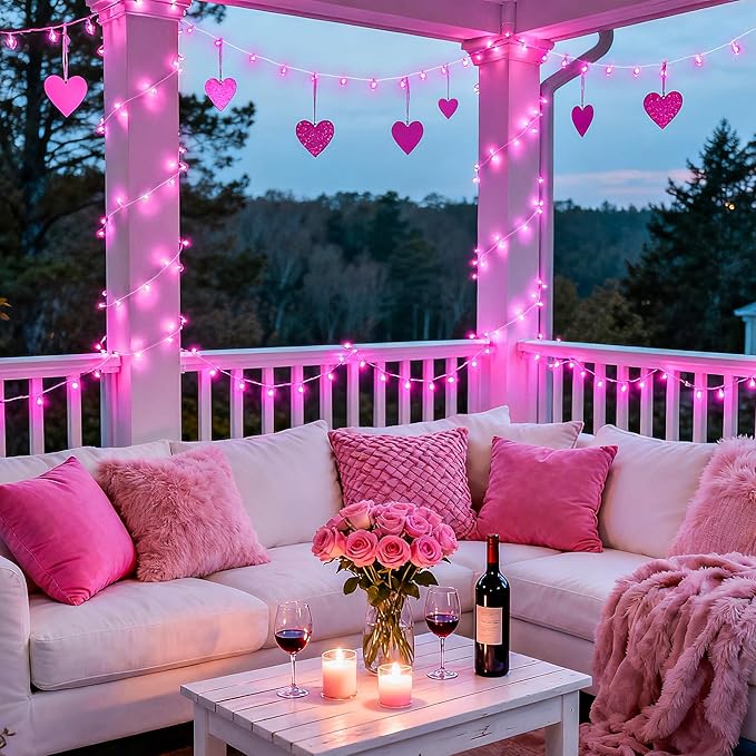 JMEXSUSS 33ft 100 LED Pink Valentine Lights Indoor Outdoor, Pink Battery Operated Lights with 8 Modes Remote, Christmas String Light for Valentine's Day Bedroom Party Tree Decor (Pack of 2)