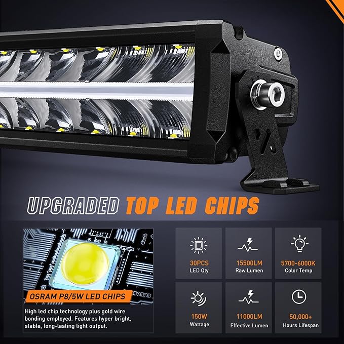 Nilight LED Light Bar with Amber DRL 19 Inch 150W Offroad Light Anti-Glare Flood Spot Combo LED Driving Light IP68 w/ 14 AWG DT Connector Wiring Harness for Pickup Truck SUV ATV UTV Boat 4x4