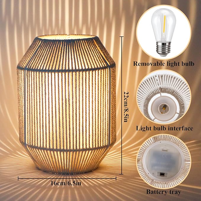 JHY DESIGN Boho Rattan Woven Lampshade Table Lamp 8.5" H Cotton Rope Bedside Lamp Cordless Decorative Battery Operated Lamp with 6 Hours Timer for Bedroom Living Room Wedding Parties Patio