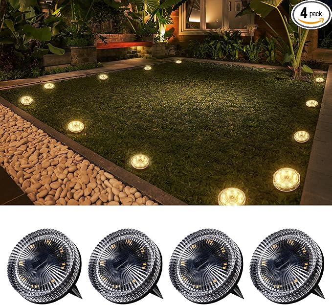 Glass Solar Ground Lights with Ray Style, Modular-Design Waterproof In-Ground Light for Patio Pathway Lawn Yard Deck Walkway, Decorative Disk Lighting for Garden Bed, Warm White (4 Pack)