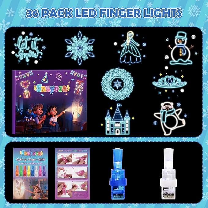36 Pack Frozen Party Favors LED Finger Lights for Girls, Ice Princess Snow Theme Goodie Bag Stuffers, Classroom Treasure Box Prizes, Glow in the Dark Winter Party Supplies