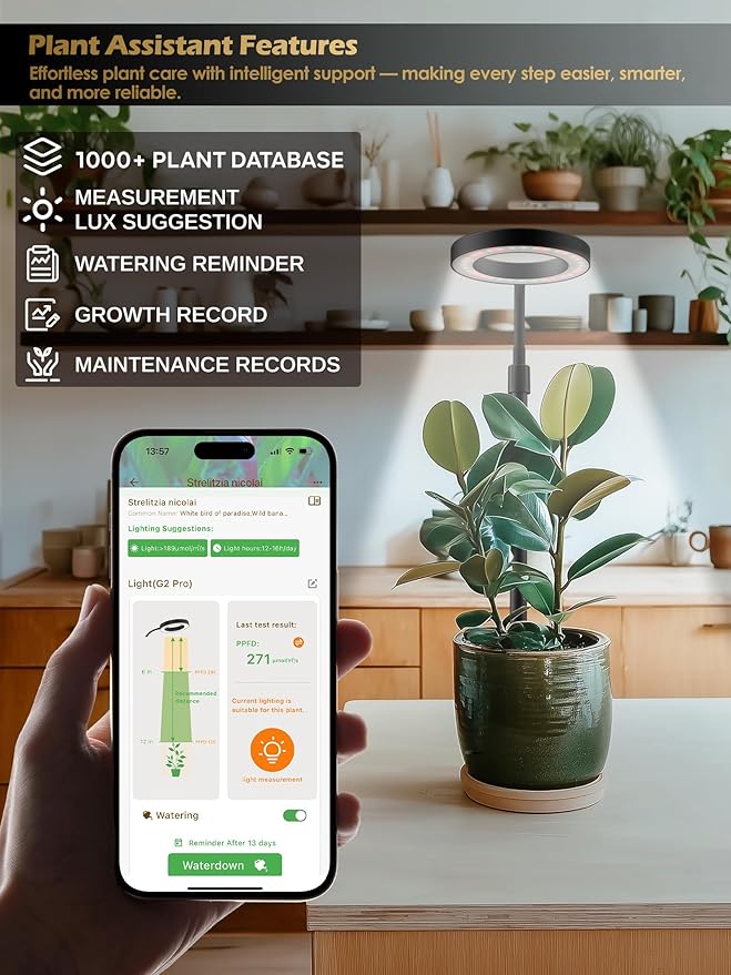 Smart Grow Lights for Indoor Plants, Plant Light with Auto-Timer, Full Spectrum LED Grow Light, Adjustable Height & Stepless Dimming,Plant Assistant Suitable for Most Plants (Black, 8W)