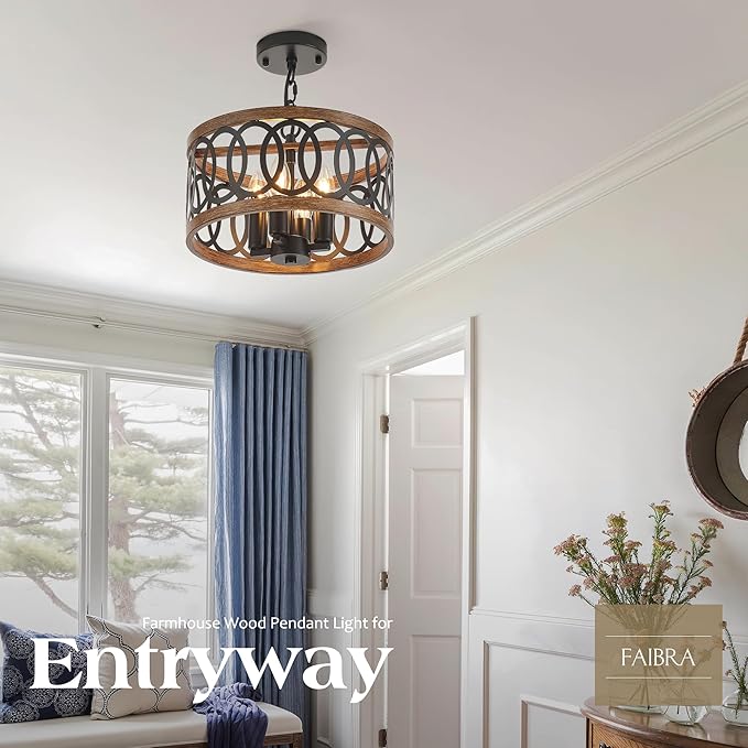 4-Light Farmhouse Drum Pendant Light,12.56'' Nature Wood Texture Vintage Rustic Chandeliers Black Metal Industrial Hanging Light Fixtures for Entryway, Bedroom Dining Room