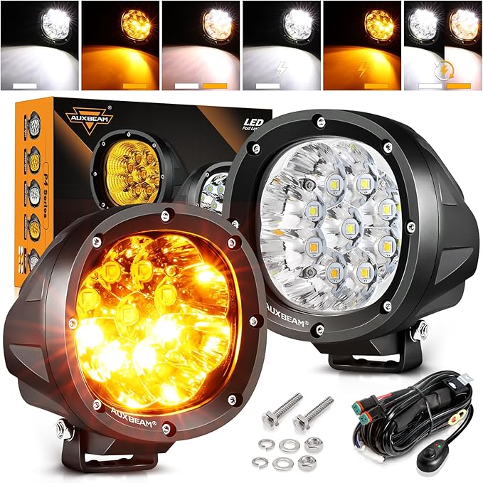 Auxbeam 4 Inch Round Offroad Light, 90W LED Amber White Spot Strobe Light Pods with 6 Modes, Dual Color Flashing Driving Fog Lights Bar Plug & Play for Truck, Pickup, SUV, ATV, UTV, 4x4, Jeep
