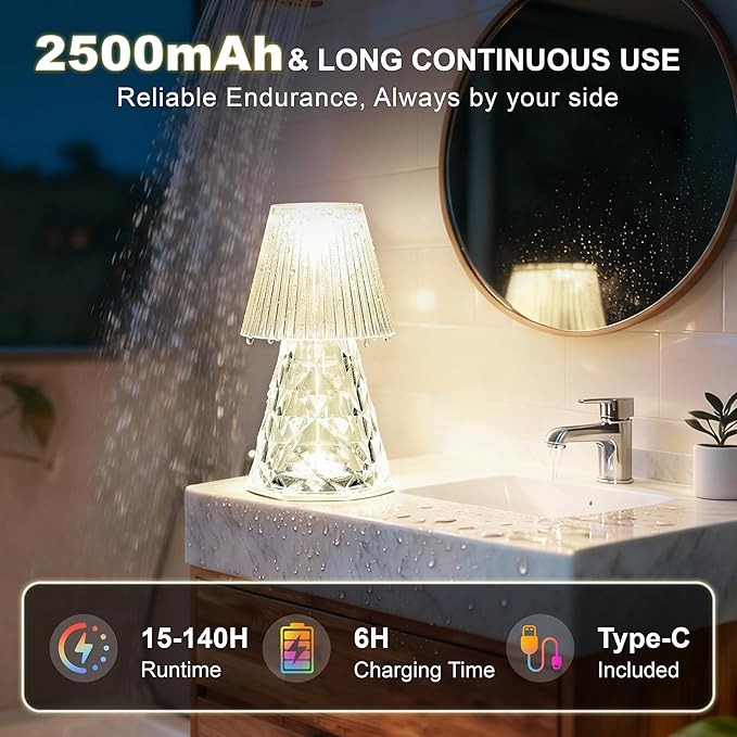 Waterproof Shower Lamp, Rechargeable Bathroom Lamp with RGB, Cordless Crystal Table Lamp, Dimmable Crystal Bedside Night Light for Bathroom Bedroom