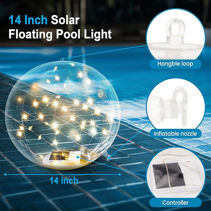 Solar Floating Pool Lights, 14" Inflatable Warm White LED Pool Lights That Float, Waterproof Pool Light Balls, Pool Accessories for Swimming Pools Yard Patio Party Outdoor Decor - 4 Pack
