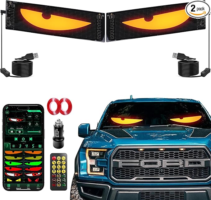 Devil's Eye 2-Pack: 19.3"x4.3" Dual LED Eyes – Perfect Sync Windshield Display for Cars, SUVs & Trucks | Programmable USB Matrix, App/Remote Control, Custom Car Sign