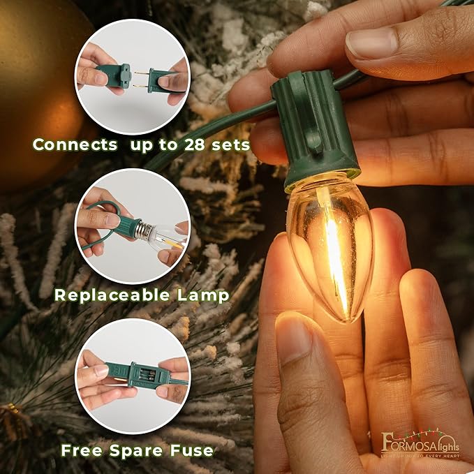 C9 26ft Indoor/Outdoor Clear LED Christmas String Lights with 25 Bulbs and E17 Base | 120V, 0.6W