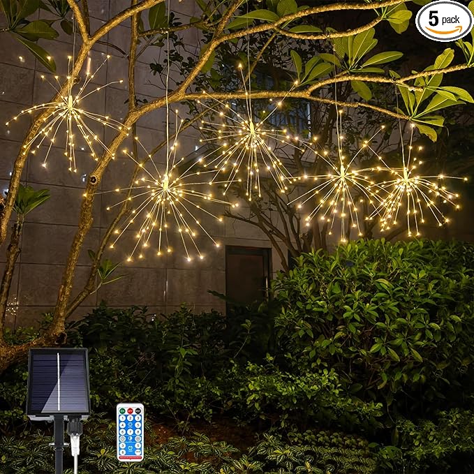 5 Pack Solar Firework Lights, 450 LED 8 Modes Dimmable Waterproof Hanging DIY Starburst Fairy Lights with Remote Timer for Garden Indoor Outdoor Decoration (Warm White, 450)