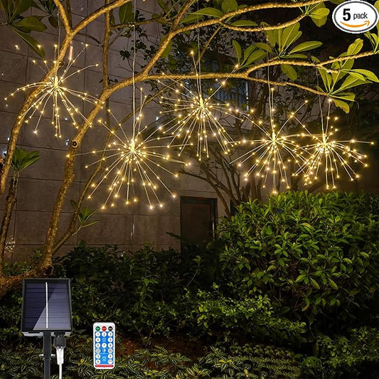 5 Pack Solar Firework Lights, 450 LED 8 Modes Dimmable Waterproof Hanging DIY Starburst Fairy Lights with Remote Timer for Garden Indoor Outdoor Decoration (Warm White, 450)