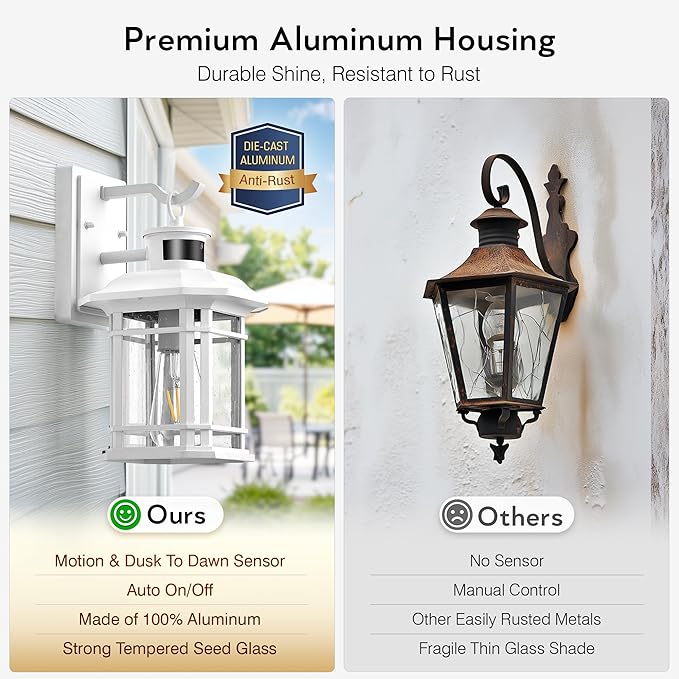 VIANIS Motion Sensor Exterior Lights for House, White Dusk to Dawn Outdoor Lighting, 100% Waterproof Front Porch Light Fixtures, Modern Exterior Sconce with Tempered Seeded Glass for Garage