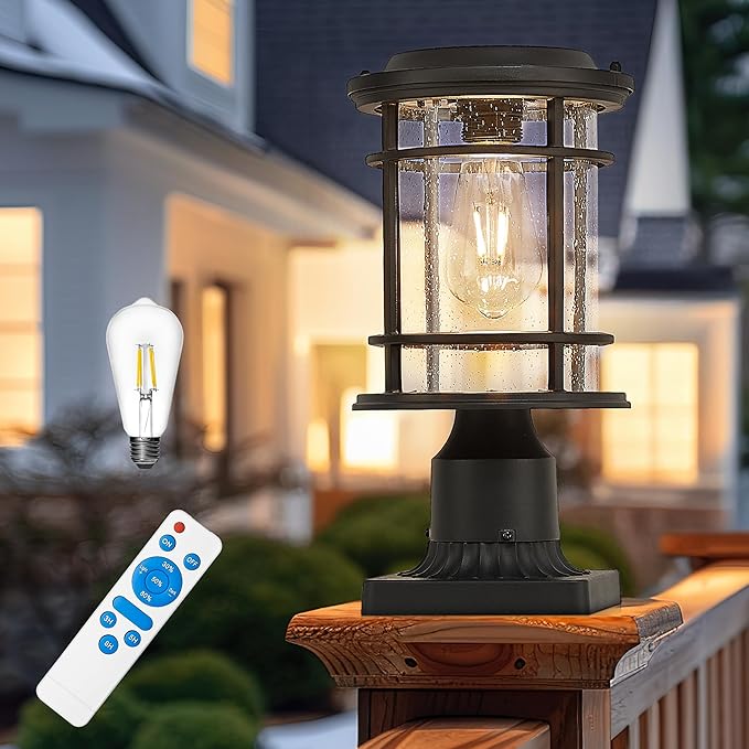 Emliviar 13 Inch Outdoor Solar Post Light, Dusk to Dawn Post Lighting Fixture with Remote Control, Removable Pier Mount with Seeded Glass, XE229P-SL BK
