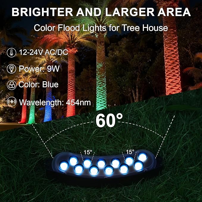 Blue Color Flood Lights Low Voltage, 9W 12V LED Hard Wired Landscape Flood Wall Washer Lights Outdoor Waterproof for Uplighting Tree House, Super Bright, Aluminum, Black, 6Pack