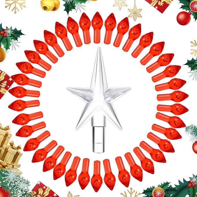 Boao 100 Pieces Ceramic Christmas Tree Bulbs and 5 Stars Replacement Plastic Bulbs for Ceramic Christmas Tree Decorations(3.8 mm Diameter,Red)