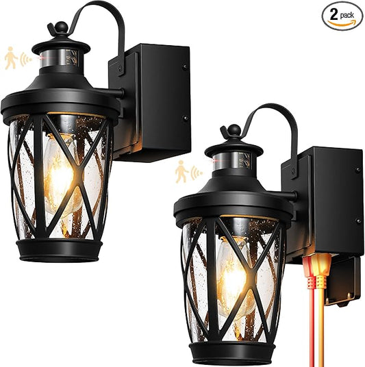 Motion Sensor Outdoor Wal Light with GFCI Outlet, 2-Pack Black Exterior Lighting Fixtures with Outlet, Waterproof Outdoor Lanterns for Porch with Seed Glass, E26 Exterior Garage Sconce Lights