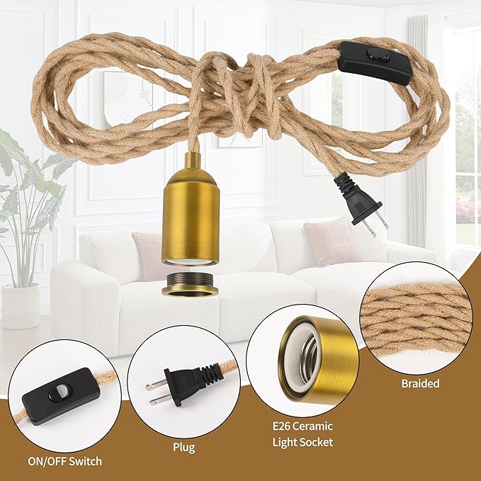 Plug in Pendant Light Cord with Switch, 15 FT Hemp Color Vintage Double Braided Woven Rope, Hanging Lights with Plug-in, E26 Socket, DIY Swag Lamp Kit for Lantern, Pendant & Hanging Fixtures, 2-Set