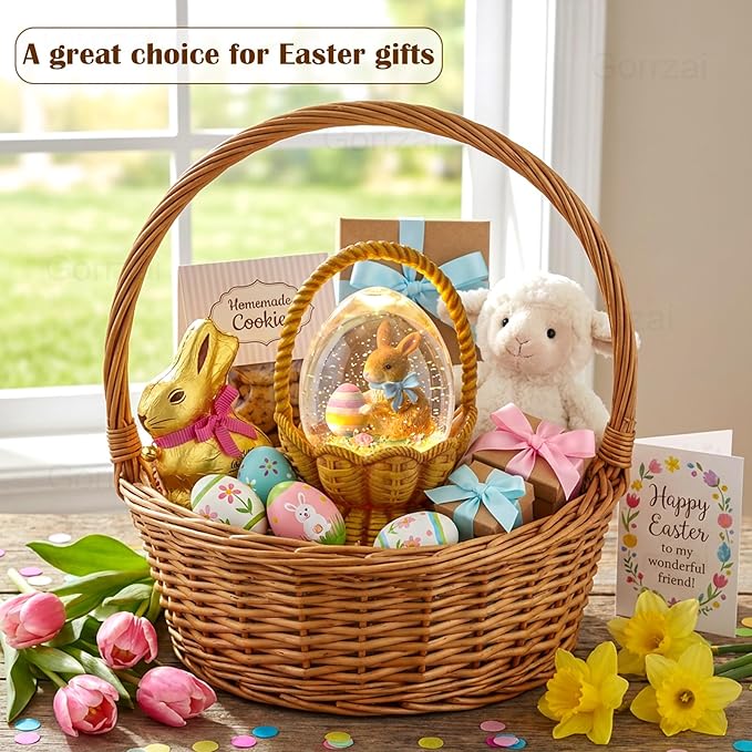 Easter Snow Globe Lantern Bunny Easter Decorations for Home with Timer Swirling Glitter, Lighted Indoor Decor Gifts with Basket Eggs, USB or Battery Operated