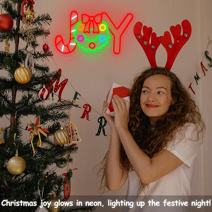 Christmas Neon Sign Christmas Joy Neon Light Signs Wreath Light Sign for Wall Decor Dimmable USB Powered LED xmas Candy Light Up Sign for Bedroom Living Room Holiday Parties Festival Bar Shop