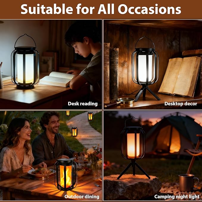 Solar Lanterns Outdoor Lights, 2 Pack Flickering Flame Garden Lights with 2 Modes Dual Charging USB & Solar, Outdoor Waterproof Hanging Lantern for Halloween Party Holiday Decor