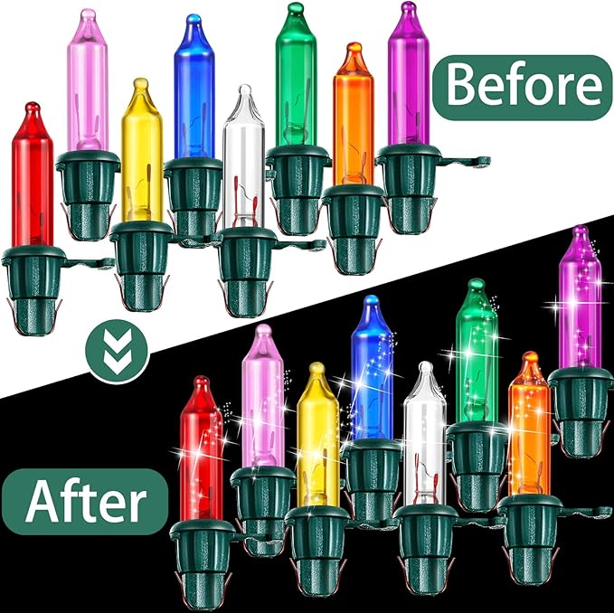 Mudder 60 Count Christmas Tree Replacement Light Bulbs 2.5v 0.425 Watt Replacement Bulb Mini Incandescent Wire String Lights Decoration for Prelit Xmas Tree(Green Base with Vivid Color Bulb)