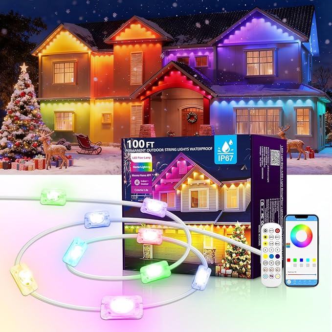100FT Permanent Outdoor Lights,RGB+IC Eaves Lights with App & Remote Control,DIY Multi-Color Scene Modes,IP67 Waterproof,Outdoor Strings for House,Holiday Decorations for Halloween,Christmas