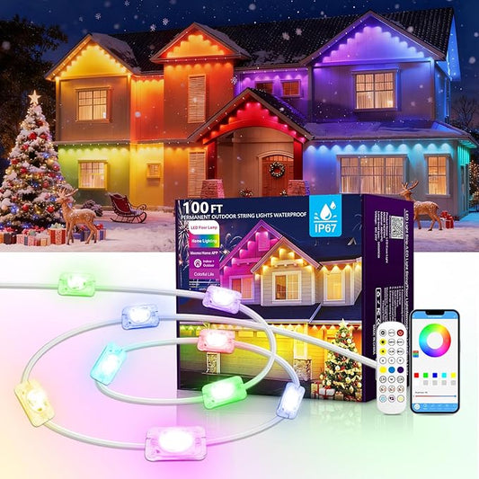 100FT Permanent Outdoor Lights,RGB+IC Eaves Lights with App & Remote Control,DIY Multi-Color Scene Modes,IP67 Waterproof,Outdoor Strings for House,Holiday Decorations for Halloween,Christmas