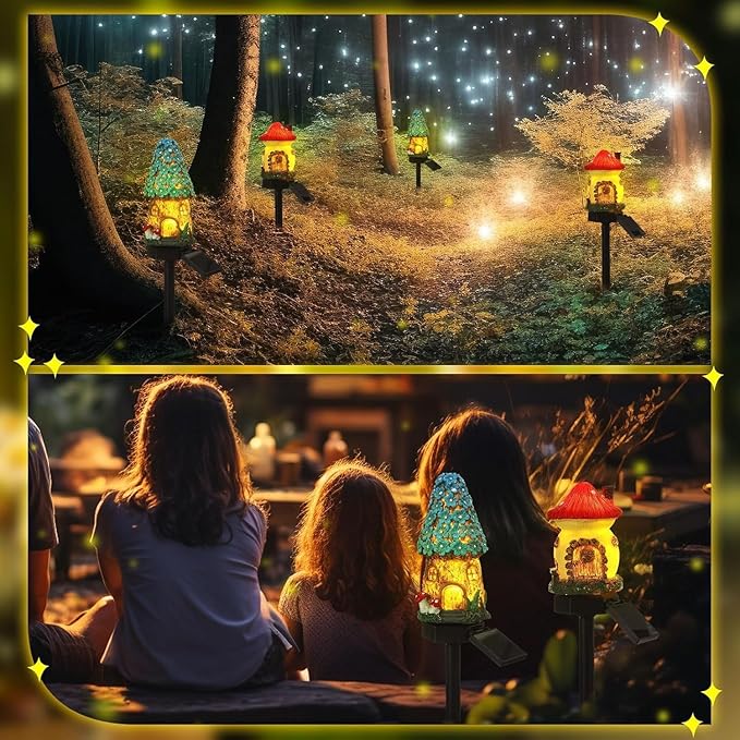 2 Packs of Solar Powered red and Blue Mushroom House Floor Lights, Garden Decoration Resin Cute House Mushroom Lamps, Wireless Dusk to Dawn LED Lights Waterproof.