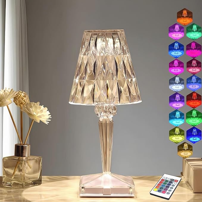 Crystal Table Lamp Touch Light LED Night Lights USB Rechargeable Cordless Lamp with 16 Color Remote Changing Portable Bedside Lamps Cute Small Lamp for Bedroom Decor Desk Lamp (Diamonds)