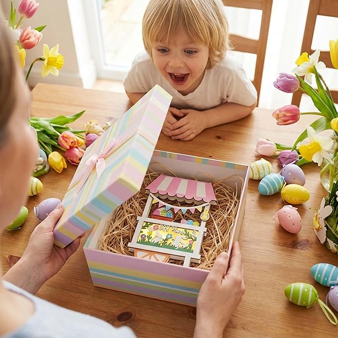 Valery Madelyn Easter Decorations, Easter Decor with LED Light, Lighted Egg Hunt Booth Decor for Table, Wooden Bunny Decorations for Home Decor Shelf Tiered Tray Living Room, 10.3 inch