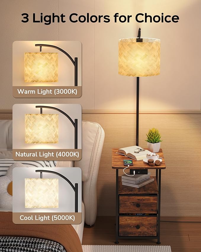 JACKYLED Floor Lamp with Table & 2 Drawers, 3 Color Temperature End Table Flood Lamps with Charging Station (USB, Type-C, AC), Vintage Side Table with Lamp for Reading, Bedroom, Living Room