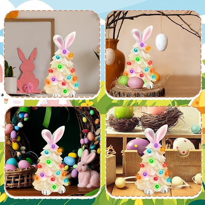 Lighted Easter Bunny Ceramic Tabletop Tree Easter Glowing Easter Bunny Ornaments with Colorful Lamp Beads Resin Rabbit Figurines for Spring Theme Party Basket Stuffers Filler Holiday Decor Gifts
