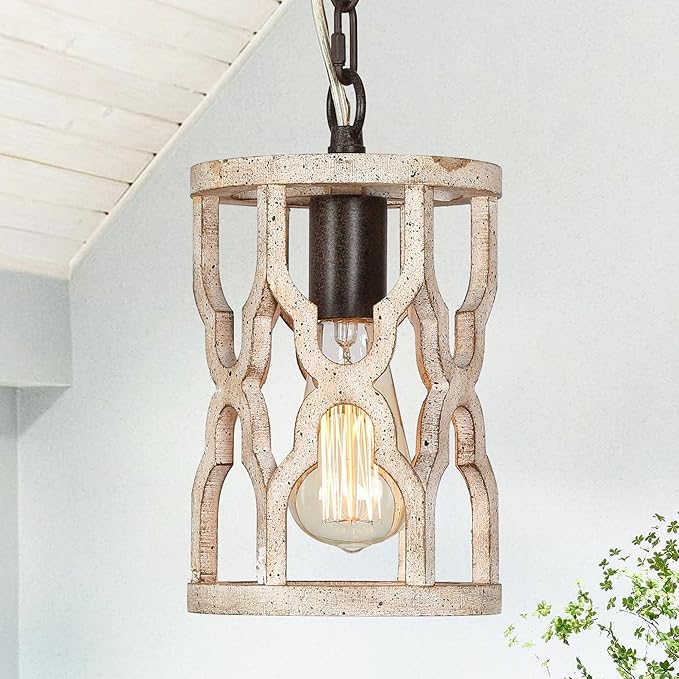 KSANA Wood Pendant Light, Farmhouse Rustic Cage Lantern Hanging Light Fixture for Kitchen Island, Foyer, Hallway, Bedroom and Entryway…