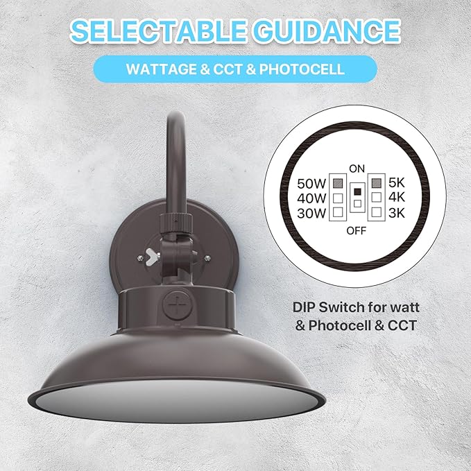 HYPERLITE Gooseneck Barn Light 12inch - 50W/40W/30W Selectable - 3000K/4000K/5000K Switchable IP65 Gooseneck Wall Sconce - 360° Rotation Barn Light Sconce Outdoor for Porch Farmhouse Garage